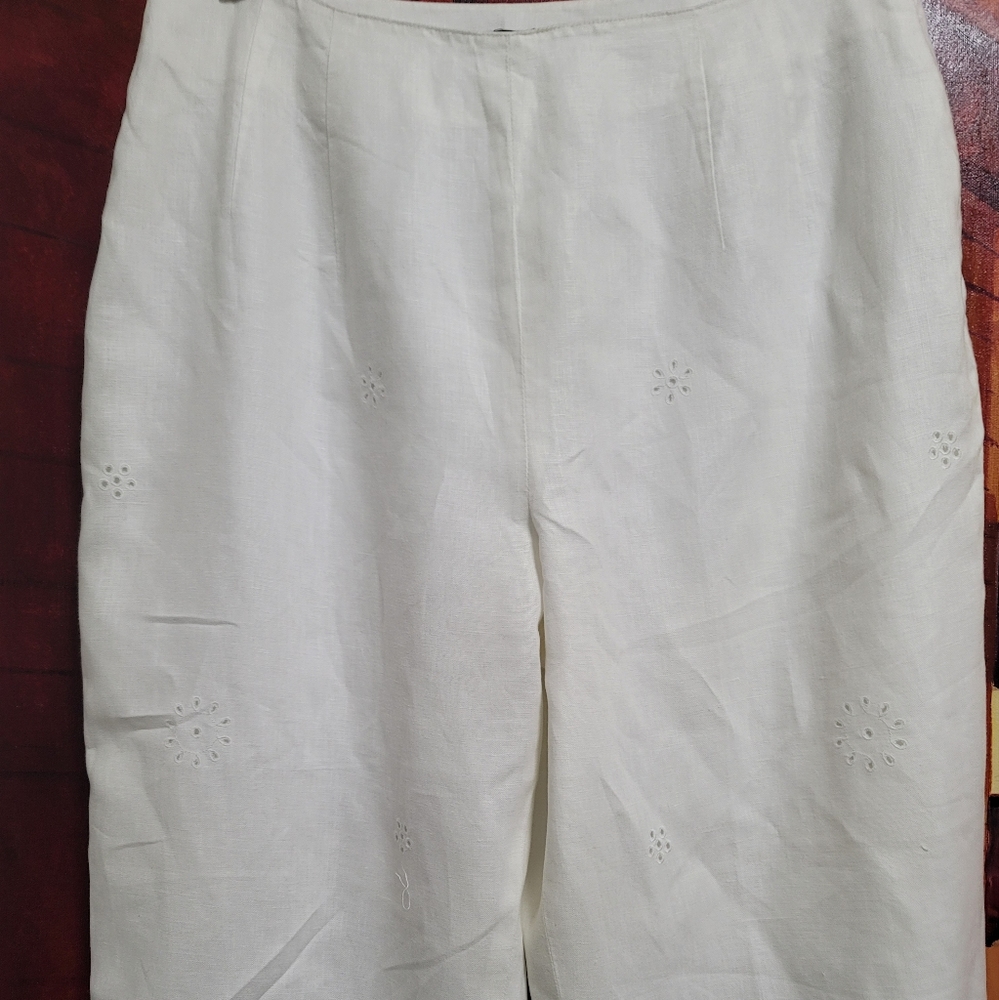 Charter Club White Linen Eyelet Lace Scalloped Hem Straight Leg Pants Size 8 - Picture 3 of 12